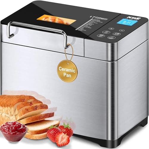 KBS Pro 710W 2LB Bread Maker, Stainless Steel 17-in-1 Smart Bread Machine with Healthy Ceramic Pan, Automatic Nut Dispenser, Tempered Glass Touch Panel, 3 Crust Colors, 15H Timer& Keep-Warm, Recipes