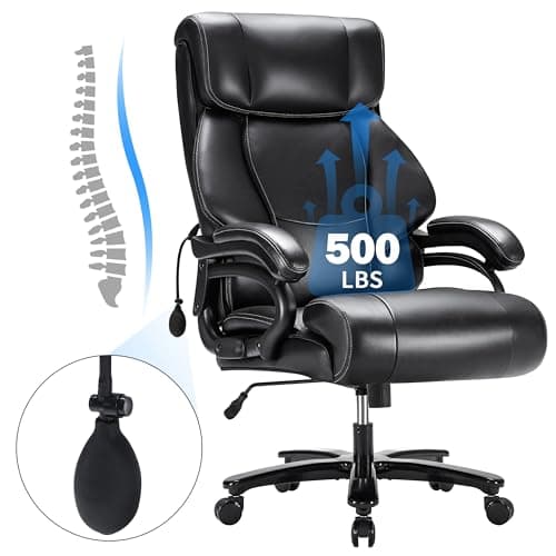 Huatean Home Big and Tall Office Chair 500LBS for Back Pain Relief, Executive Heavy Duty Office Chair for Heavy People, Ergonomic Office Chairs for Long Hours Sitting, Breathable Leather, Dark Black