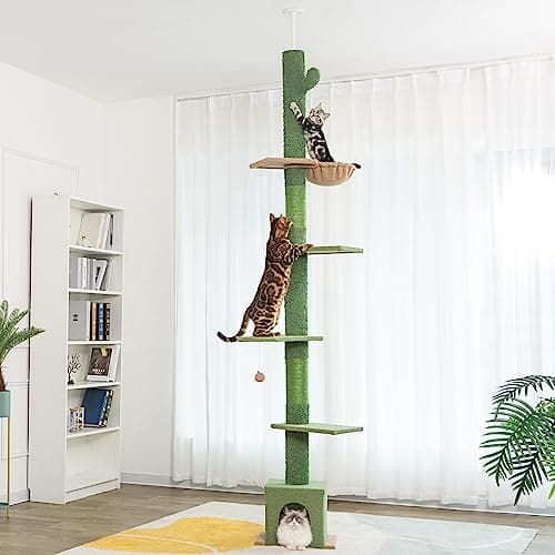 Meow Sir Floor to Ceiling Cat Tree Ajustable Height [82-108 Inches=208-275cm] 6 Tiers Tower Fit for 7-9 Feet Ceiling with Cat Condo Hammock and Sisal Covered Post for Indoor Cats-Green Cactus 7