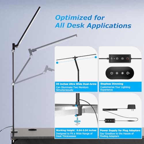 JELIMOV LED Desk Lamp for Home Office, Eye Caring Architect Desk Light with Remote, Dual Screen Computer Monitor Light with Stepless Dimming, Stepless Color Temp, Memory Function for Study, Dark Black 5