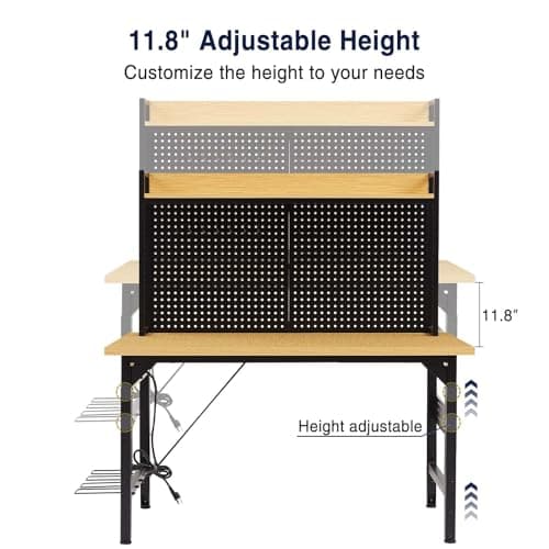 Tatub 48inch Adjustable Workbench with Wheels and Large Pegboard, Work Table with Power Outlets, 2000 LBS Load Capacity Rolling Work Benches for Garage, Office, Workshop, Home 4