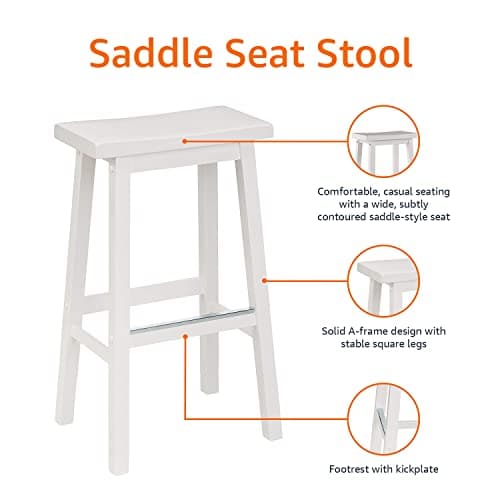 Amazon Basics Solid Wood Saddle-Seat Counter Height Bar Stools for Kitchen Island and Home Bar with Footrest, 29-Inch Height, White, Set of 2 6