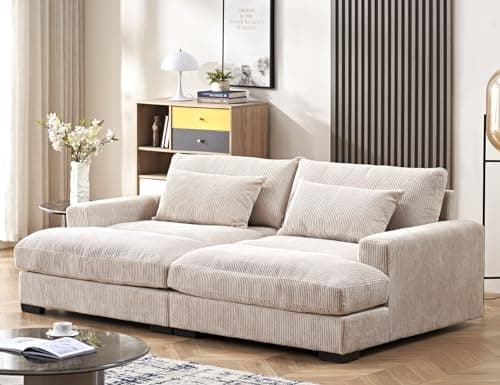 Container Furniture Direct Luxe Sleeper Sofa with Soft Corduroy Upholstery, Double Chaise Design, Convertible to Twin Size Bed, Modern and Comfortable Living Room Couch, 89.9" Wide, Beige