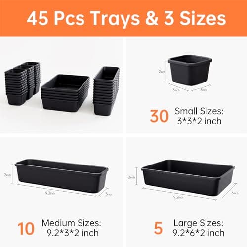 Giklux 45 Pack Tool Box Organizer Tray Divider, Toolbox Desk Drawer Organizer,Garage Organization Storage for Rolling Tool Chest Cart Cabinet Workbench Workshop Small Parts Widget Tool Organizer Black 4