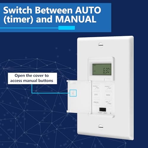 LIDER Programmable Digital Timer Switch for Lights, Fans, Motors, 7-Day 18 ON/Off Timer Settings, 1-Pole, No Neutral Wire Required, Wall Plate Included, UL Listed, White 5