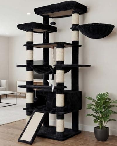 Heybly Tall Cat Tree, 78-inch Multi-Level Cat Tower for Indoor Cats, 2 Widened Plush Perches Cat Condo with Scratching Board and Big Caves, Smoky Gray HCT033G