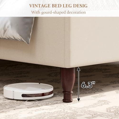 koorlian King Size Bed Frame Upholstered Platform Bed with 51" Tall Headboard Wingback, Soft Fabric, Retro Simple Style Platform Bed No Box Spring Needed, Easy Assembly, Beige 7