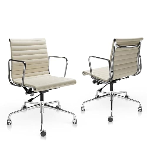 Ribbed Office Chair with Top Grain Leather - Mid Back Ergonomic Desk Chair with Aluminum Arms & Frame, Swivel Wheels & Tilt Function, Adjustable Height