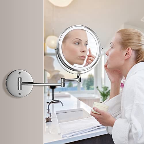 Rocollos Rechargeable Wall Mounted Lighted Makeup Mirror Chrome, 8 Inch Double-Sided LED Vanity Mirror 1X/10X Magnification,3 Color Lights Touch Screen Dimmable 360°Swivel 13 Inch Extendable 6