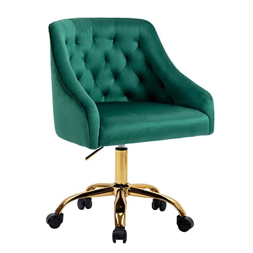 MOJAY Velvet Office Swivel Chair, Vanity Fabric Desk Pretty Fancy Gold Office Chairs for Girls, 360°Swivel Height Adjustable Reception Chair (Green)