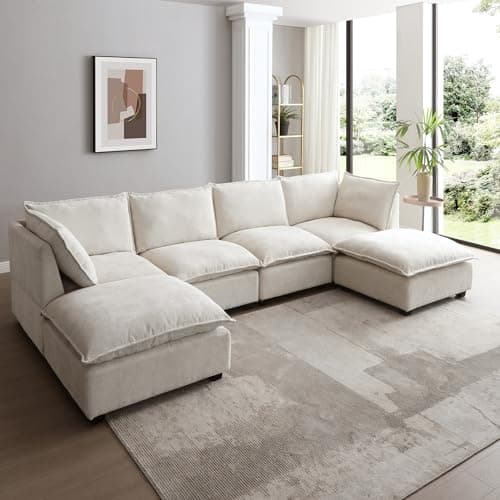 mikibama Modular Sectional Sofa, 130" U Shaped Couch Set for Living Room, 4 Seater Comfy Cloud Couches with Two Ottomans, Oversized Sleeper Sofa Bed with Deep Cushions, Linen, Beige