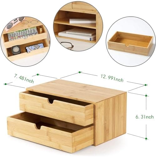 Wisuce Bamboo Desk Drawer Organizer, Desktop Organizer with Drawers Tabletop Storage Organization Box for Office Home Toiletries Supplies Vanity, No Assembly Required(2 Drawers) 6