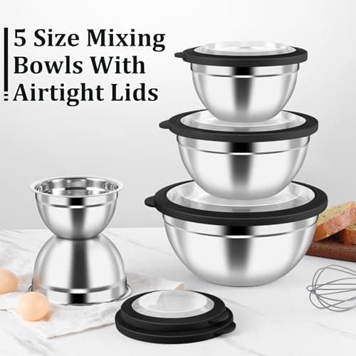 P&P CHEF Mixing Bowls with Visible Airtight Lids Set of 5, 10-Piece Stainless Steel Mixing Nesting Bowl, Metal Bowl with Lid for Kitchen Prepping & Storing, Size 4.6, 3, 1.5, 1, 0.7 QT, Black 7