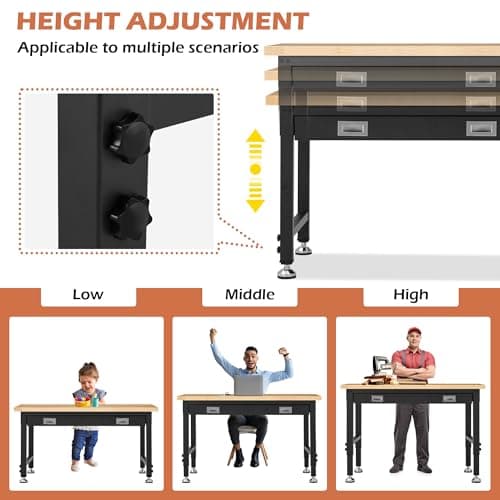 Adjustable Heavy Duty 48” Workbench with Storage,Oak Wood Top Tool Bench with Drawers,2000 LBS Load Capacity Hardwood Worktable for Workshop, Garage, Office, Home, Commercial 5