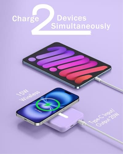 podoru for Magsafe Battery Pack, 5000mAh Magnetic Power Bank with Type-C Cable 20W PD Fast Charging Lighting Input Wireless Portable Charger for iPhone iPhone 17/16/15/14/13/12/ All Series-Purple 5