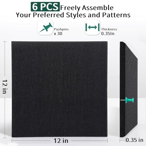Felt Cork Board for Wall: Extra Large Bulletin Board for Office - 0.35 Inch Thick Corkboard Tiles 6 PCS Black Pin Board Squares Adhesive 6
