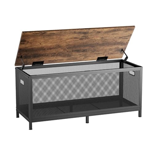 VOPEAK Storage Bench, Storage Chest with 2 Safety Hinges, 43.3 x 15.7 x 17.7 Inches Coffee Table, Wooden Metal Frame Storage Trunk Easy Assembly Shoe Storage Bench for Bedroom, Outdoor, Rustic Brown
