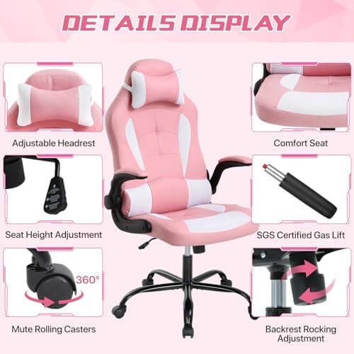 Pink Gaming Chair for Girls & Adults - Ergonomic High Back Office Desk Chair with Adjustable Lumbar Support, Flip-Up Arms & Headrest - PU Leather Swivel Computer Task Chair for Kids & Teens 7