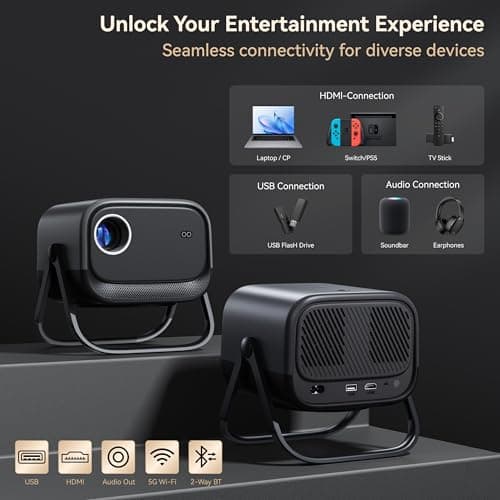 Electric Focus&360°Adjustable Stand-1080P Phone Projector with WiFi and Two-way Bluetooth,MEER 2025 Latest Upgraded Auto Keystone Ceiling Projector, Home Movie Proyector for iPhone/TV Stick/Laptop 7