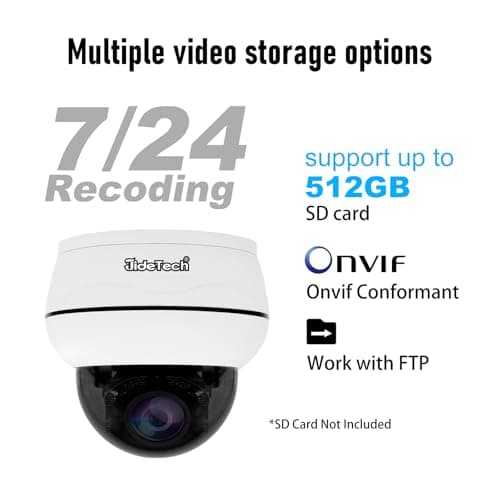 JideTech Outdoor 4K PTZ POE Camera, 8MP IP Dome Camera with 5X Optical Zoom, IR Night Vision Human/Motion Detection, Built in 2-Way Audio, Pan/Tilt, SD Card Slot 8