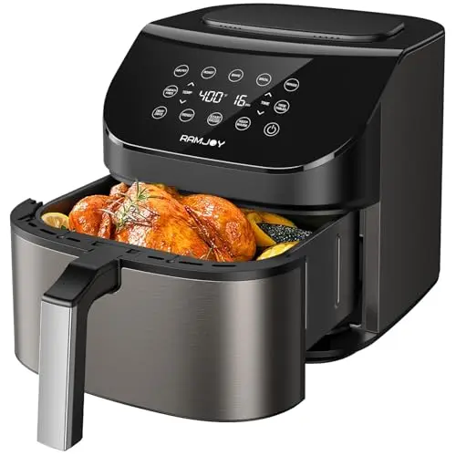 RAMJOY Air Fryer 6.8 Quarts, 10-in-1 Functions, Air Fry, Roast, Bake, Broil, Dehydrate, Large & Compact Air Fryers, Nonstick & Dishwasher-Safe Airfryer Basket, Stainless Steel Air Fryer, Metal Grey