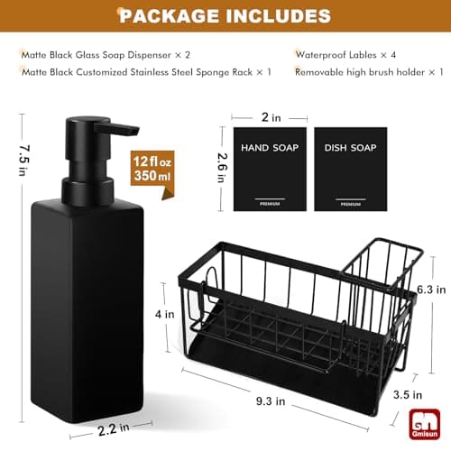 GMISUN Dish Soap Dispenser, 12 fl oz / 350 ml Dual Kitchen Soap Dispensers with Sponge Holder, Customized Matte Black Kitchen Soap Dispenser Set, Modern Hand and Dish Soap Bottle Set Removable 7