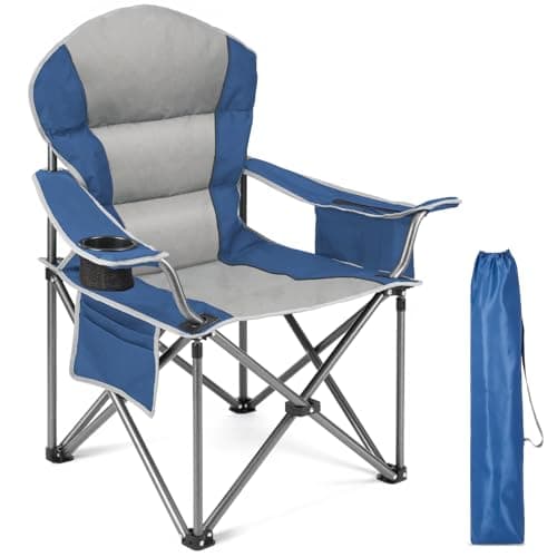 Sweetcrispy Camping Folding Chair, Heavy Duty Support - Foldable Padded Seat with Side Pockets, Cup Holder & Insulated Cooler Bag for Camping, Beach, Fishing, Outdoor Events, Bluegrey