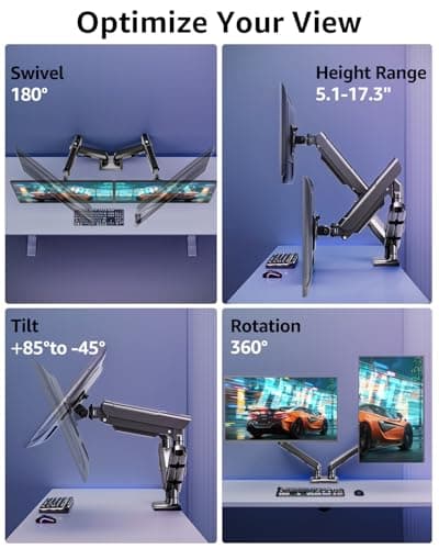 Dual Monitor Mount for 32 27 24 22inch Screens, Gas Spring Monitor Stand for 2 Monitor, Full Adjustable Monitors Desk Mount with C-Clamp＆Grommet Base, Each Arm Holds 4.4-22 lbs, Freelift Pro Black 7