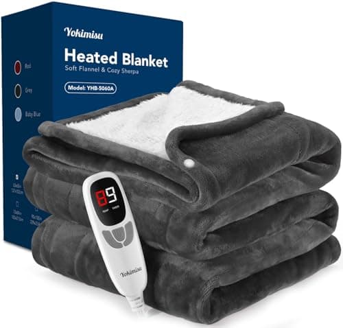 Yokimisu Heated Blanket Throw w/ 2 Wearable Buttons, Soft Flannel & Warm Sherpa Electric Blanket Fast Heating with 9 Heat Levels, 10 Time Settings, Over-Heat Protection, ETL Certified, 50"x60", Grey