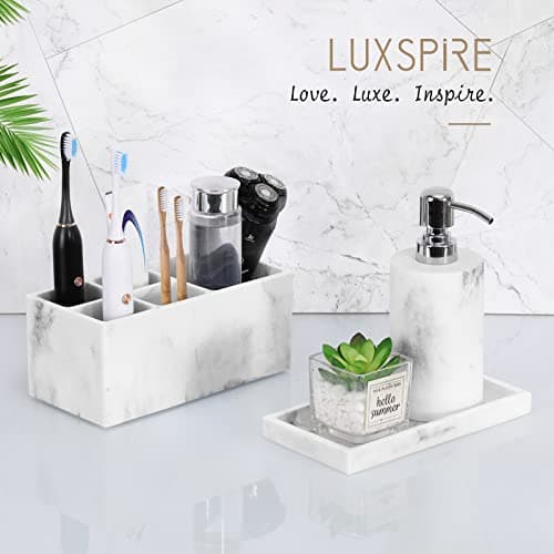 Luxspire Bathroom Vanity Tray, 8 x 4 inch Resin Kitchen Sink Tray for Soap Dispenser Bathroom Countertop Organizer Plate Holder for Perfume Soap Towel Bathroom Accessories, Mini, White Marble 6