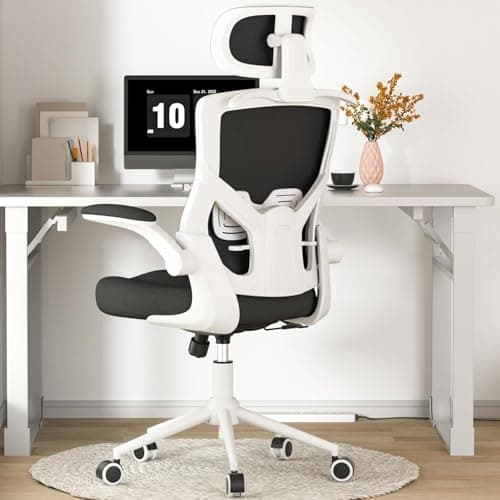 FOKESUN Ergonomic Office Chair, High Back Mesh Desk Chair with Molded Foam Cushion, Adjustable Headrest, Lumbar Support, Lock Function (White & Black)