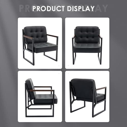 COLAMY Mid Century Modern Accent Chair Set of 2, Comfy Living Room Chair, Black Leather Accent Chair, Faux Leather Reception Armchair with Metal Legs for Living Room Bedroom Reception Office, Black 8