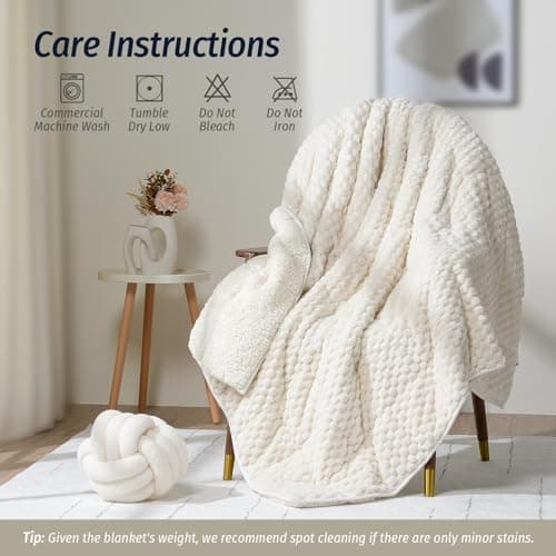 Wemore Fleece Weighted Blanket for Adults (60" x 80" 15lbs, Cream White), Dual Sided Cozy Soft Sherpa Heavy Blanket with 3D Imitation Turtle Shell Warm Jacquard Flannel for Couch and Bed 6