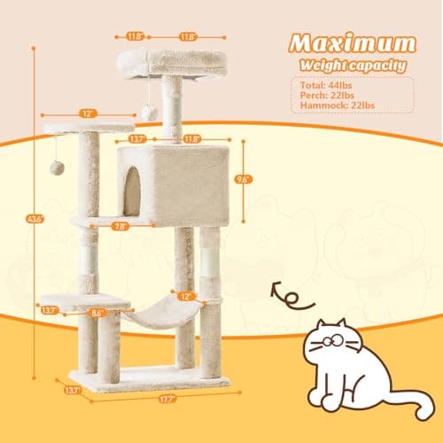 Sweetcrispy 44 Inch Cat Tree Tower, Cat Climbing Tower with Natural Sisal Scratching Posts, Hammock, Pet Condo for Indoor Cats and Kittens Play, Beige 6