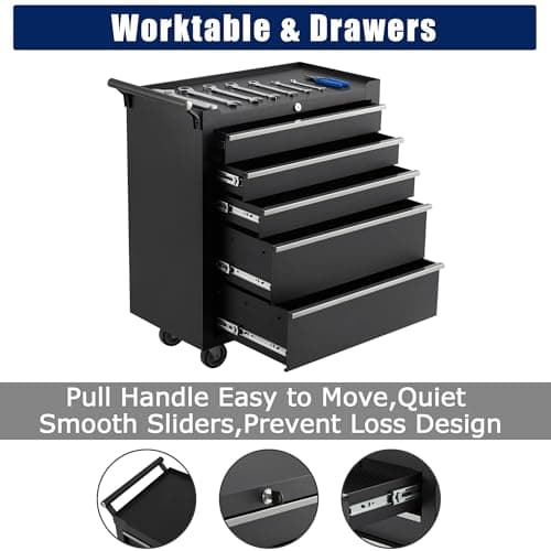 Rolling Tool Chest, 5 Drawers Tool Storage Cabinet with Wheels, Portable Tool Cabinet Organizer with Locking System & Drawer Liners,Universal Lockable Wheels, Tool Storage Cart for Garage, Workshop 5