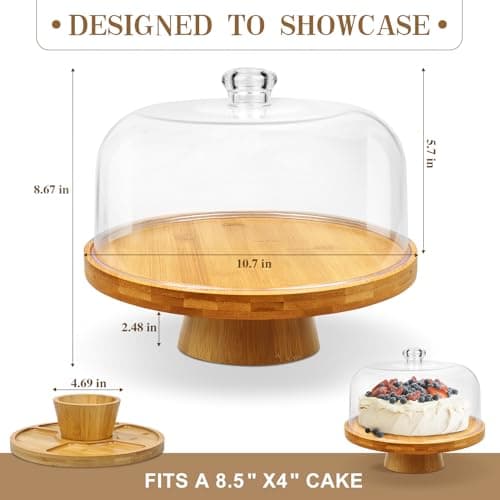 Bamboo Cake Stand with Lid, 6 in 1 Multifunctional Round Shatterproof Cake Plate Serving Platter, Cake Holder, Veggie Tray, Salad Bowl, Fruit Bowl, Donut Stand, Nachos Plate, Dessert Table Display 6
