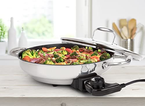 Electric Skillet By CucinaPro- 18/10 Stainless Steel, Frying Pan w Non Stick Interior, Tempered Glass Lid w Handles, 12" Round, Temperature Control Probe for Adjustable Heat Settings, Portable, Gift 9