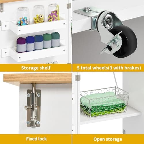 DWVO Large Folding Sewing Table with Charging Station, Multipurpose Craft Table with Compact Design, Sewing Cabinet with Lockable Casters, Storage Shelves, Magnetic Doors, White 7