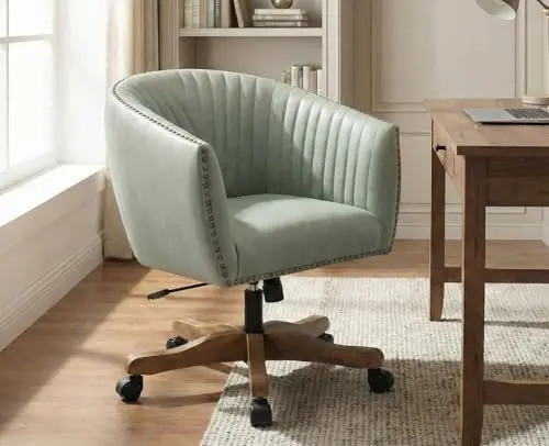 QUINJAY Green Faux Leather Home Office Desk Chair, Upholstered Barrel Swivel Adjustable Arm Desk Chair with Nailheads, Comfy Mid-Back Study Chair with Silent Wheel for Study Office Computer