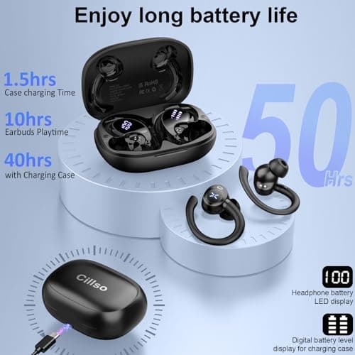 Wireless Earbuds, Bluetooth 5.4 Headphones Stereo Deep Bass with Earhooks, 50H Bluetooth Ear buds with Noise Cancelling Mic, Fast Charging Digital Display IP7 Waterproof earphones for Workout/Sports 5