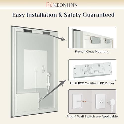 Keonjinn 24 x 36 Inch Backlit Mirror for Bathroom, Anti-Fog Led Mirror, CRI90+ HD Tempered Glass, Stepless Dimmable Lighted Mirror, High Lumen, UL Listed, Waterproof, Horizontal/Vertical 8