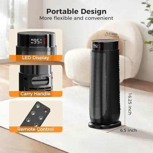 BREEZOME Space Heaters for Indoor Use, 1500W, with Thermostat, 24H Timer, 90° Oscillating, Quiet, Portable, PTC Ceramic, with Remote, Fast Safety Heat for Home Bedroom (BLACK) 8