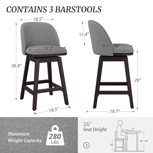 Cozyman Swivel bar stools Set of 3, 26" Performance Fabric Upholstered Counter Height Bar Stools with Back, Solid Wood Legs with footrest, Retro Nailhead Trim Barstools for Kitchen Island, Grey 2