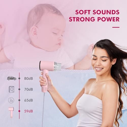 Mini Travel Hair Dryer for Women, 110000 RPM High-Speed Pink Small Blow Dryer, Portable Hairdryer for Fast Drying, Low Noise Thermo-Control, Compact Hair Dryer with Magnetic Nozzle 7