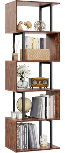Furologee 6 Tier Bookshelf, Tall S Shaped Geometric Bookcase, Modern Display Shelf Standing Unit, Wood Metal Decorative Divider Rack for Living Room Bedroom Office, Rustic Brown