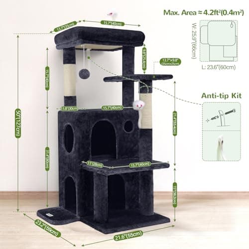 Globlazer Cat Tree Tower for Indoor Cats, 50-inch Adult Cat Tree House for Large Adult Cats with Steps, Scratching Post, 2 Cat Caves, Dangling Toys, FC50, Dark Grey 6