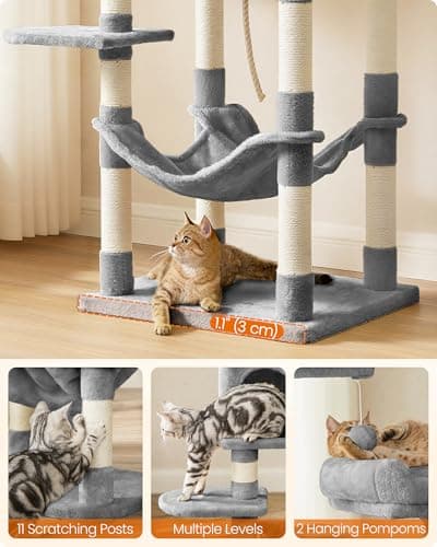 Feandrea Cat Tree, 56.3-Inch Cat Tower, Multi-Level Plush Condo with 11 Scratching Posts, 2 Perches, Hammock, Cave, Light Gray UPCT15W 8