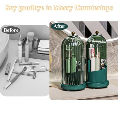 Zufudo Toothbrush Holders with Cover, Drainage Rotating Electric Toothbrush Organizer, 3 Slots Tooth Brush Holder for Bathroom Counter, Green 6