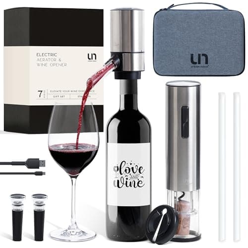 Rechargeable Electric Wine Opener Set with Aerator, Foil Cutter & Vacuum Stoppers – Automatic Wine Bottle Opener Kit with Portable Case – 7 Piece Wine Gift Set (Silver)