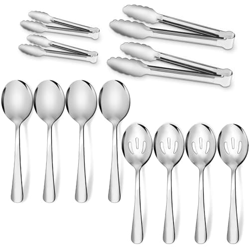 12PCS Stainless Steel Serving Utensils Sets - Large Serving Spoons,Slotted Spoons,Serving Tongs,Appetizer Tongs,Utensills Sets for Buffet Catering Banquet Party (Silver)